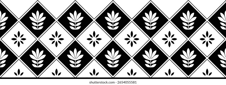 A repeating black and white pattern featuring floral motifs within diamond or rhombus shapes. The design alternates between stylized leaf clusters and starlike flower shapes. 