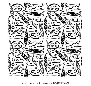 A repeating black and white pattern of geometric shapes, abstract lines, for printing on textiles, paper, tiles