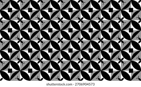 A repeating black-and-gray tile pattern with curved elements that resemble stylized flower petals radiating from small central squares