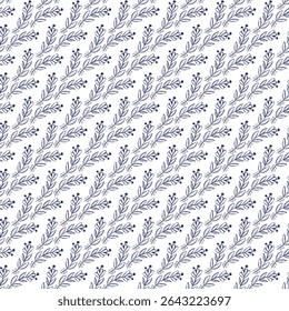 Repeating blue floral and leafy pattern on a white background, perfect for textile design, wallpaper, or decorative use. The design evokes simplicity, elegance, and a minimalistic aesthetic.