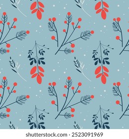 Repeating boho background with winter plants, snowflakes, flower and snow. Seamless pattern with wintering nature, floral motif for New Year. Design for wrapping, card, flyer, template, print, paper
