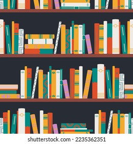 Repeating book spines. Bookshelf with various books. Vector seamless pattern on a black background. Ideal for design, print, fabric, packaging.