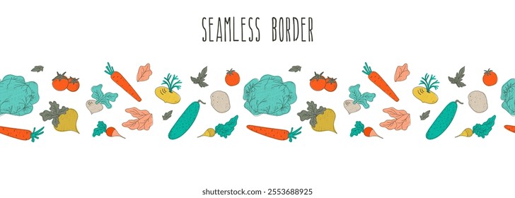 Repeating border frame pattern crafted from illustrated farmers vegetables for culinary projects decorations. Hand made artistic vector depicting veggies in flat style set on transparent background.