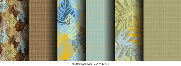 Repeating botanical patterns with tropical leaves and linen textures. Rich blue, yellow and green shades. Vector illustrations for wallpaper printing, packaging, fabric, etc.