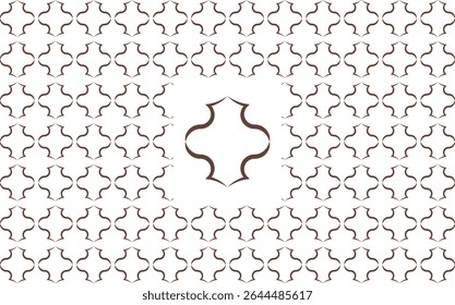 Repeating brown quatrefoil shapes create a seamless pattern. A larger quatrefoil is centered, surrounded by the smaller, repeating elements.