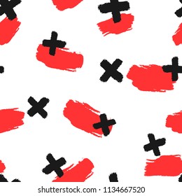 Repeating brush strokes and crosses drawn by hand. Stylish seamless pattern. Grunge, sketch, watercolor, paint. Trend vector illustration.