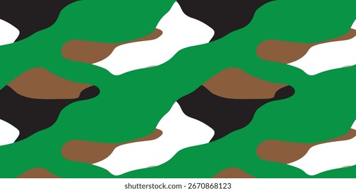 A repeating camouflage pattern featuring irregular shapes in green, brown, white, and black colors, creating a textured and abstract design.