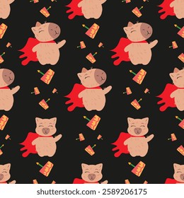 Repeating capybara pattern with a red cape, adding a dynamic touch. A cheerful and whimsical design, great for stationery, textile prints, wallpaper, or festive themes