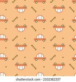 Repeating car wallpaper for boy nursery design. Seamless texture with rounded city transport in warm orange color. Children's automobile pattern can be used to create wrapping paper, textile, fabric.