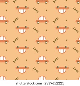 Repeating car wallpaper for boy nursery design. Seamless texture with city transport. Children's automobile pattern can be used to create textile, fabric. Text in Russian: "little driver", "auto".