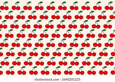A repeating cherry pattern showing bright red cherries in pairs, connected by brown stems with green leaves, laid out on a light beige backdrop. Perfect for fabric prints and cute merchandise.