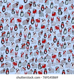 Repeating Christmas Pattern with Cartoon Deers & Polar Bears and Penguins. Vector Illustration