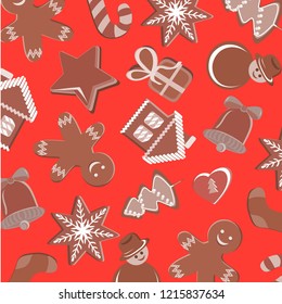 Repeating Christmas Pattern with Different Seasonal Decorative Elements. Red Wrapping Paper Template