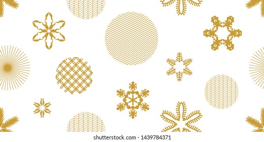 Repetir el patrón navideño con motivos geométricos. Copos de nieve y círculos con diferentes adornos. Colección de diseño retro. Elementos dorados sobre fondo blanco.