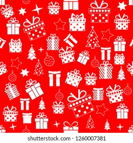 Repeating Christmas Pattern with White Decorative Elements on Red Background. Vector Illustration