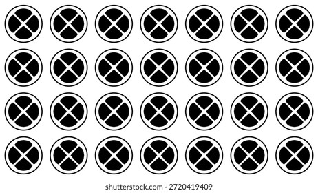 Repetir círculos con la marca x de la cruz o cerrar los íconos del Botón en el diseño de la cuadrícula. Fondo de símbolo de cruz monocromo minimalista. Cabeza de tornillo Abstractas o textura de Botón de interfaz de Borrar. Patrón sin fisuras.