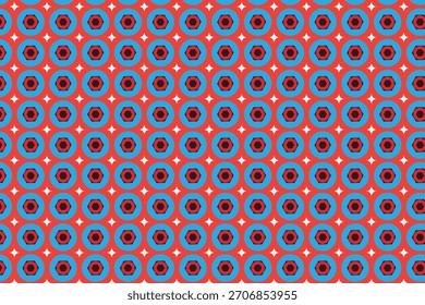 Repetindo unidades circulares com hexágonos pretos, anéis vermelhos e azuis no fundo vermelho com diamantes brancos.