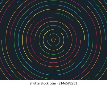 Repeating colored dashed circles growing outwards. Vector background.
