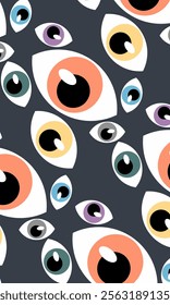 Repeating of colorful and psychedelic pattern various eyes on dark background