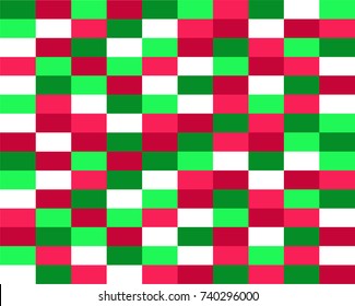 Repeating colorful retro brick wall pixel style background in Vector format in Christmas holiday season colors of red, white, and green
