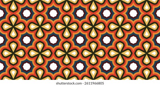 a repeating composition of stylized crosses with teardrop shapes, arranged in a symmetrical pattern of red, orange, yellow, and black lines