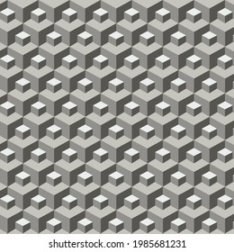 Repeating Cubic Geometrical Pattern in 3D Grey Design. Monochrome Vector Illustration