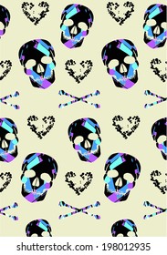 repeating. cubic skull pattern on a cream colored background color. diamonds, polygonal, mosaic effect illustration with retro skull and crossbones with heart silhouette.