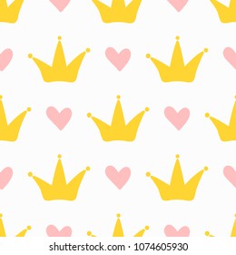 Repeating cute hearts and crowns. Seamless pattern for children. Endless girlish print. Girly vector illustration.