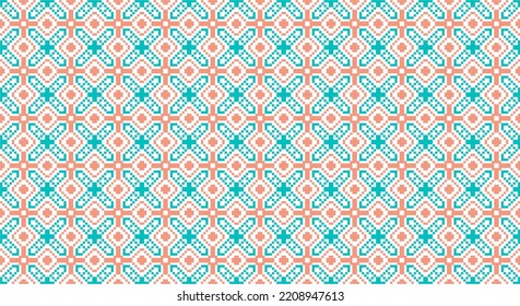 Repeating cyan and orange woven pattern. Pixel art pattern and background
