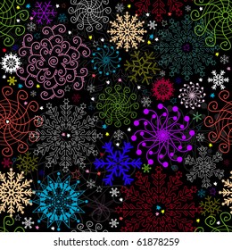 Repeating dark christmas pattern with colorful snowflakes (vector)
