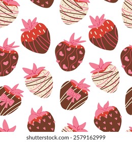 Repeating Valentine’s Day pattern with chocolate strawberries. A deliciously sweet vector print for romantic occasions. Ideal for wallpapers, invitations, party decor, and digital graphics