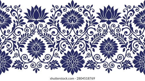 Repeating decorative banner with beautiful lotus flowers, leaves, and elegant swirls, perfect for textile prints, fabric, and wallpaper.
