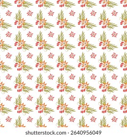 Repeating decorative floral design featuring red, green, and orange elements resembling holiday motifs.