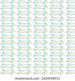 Padrão decorativo repetitivo de espirais de ouro e azul-petróleo em um design minimalista em branco