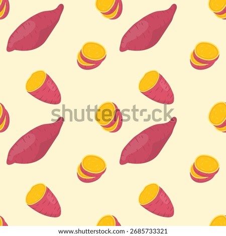 Repeating decorative pattern with whole and cut sweet potatoes on a light beige or yellow background