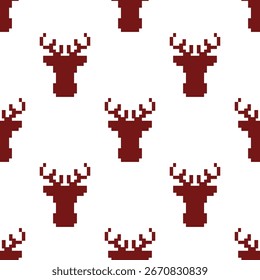 Repeating deer head pattern with pixelated design creating a retro and vintage aesthetic. This seamless illustration is ideal for background or texture designs