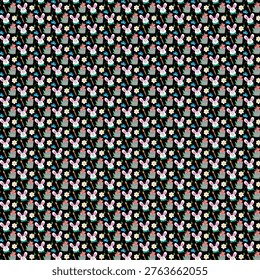 Repeating design of easter bunnies in baskets with flowers on a diagonal grid
