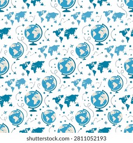 A repeating design featuring blue globes and world maps on a white background with stars and other decorative elements