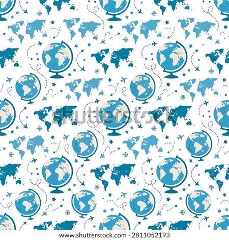 A repeating design featuring blue globes and world maps on a white background with stars and other decorative elements