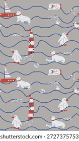 Design repetitivo com barcos de desenho animado e boias de navegação na água