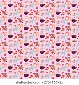 repeating design featuring coffee cups hearts and wedding rings on pink background