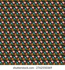Repeating design featuring colorful Easter eggs carrots and leaves isolated on dark background