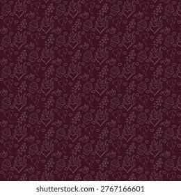 repeating design featuring cupcakes hearts and flowers on a darkred background