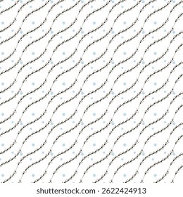 A repeating design featuring delicate green floral vines interwoven with light blue snowflakes, creating a harmonious and decorative pattern with a touch of winter charm and natural beauty.