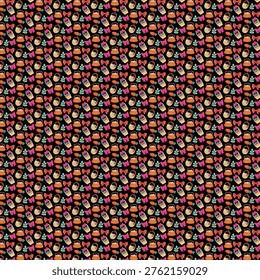 repeating design featuring kettlebells carrots leaves and bows on a dark background
