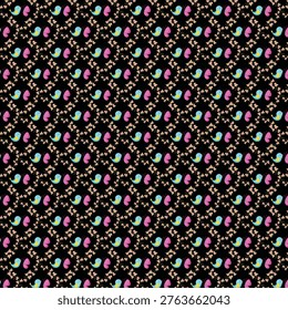 Repeating design featuring small birds and flowers on a dark surface