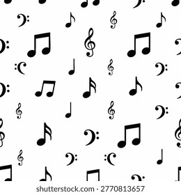 A repeating design featuring various musical symbols, including quavers, crotchets, treble clefs, and bass clefs, arranged randomly across a clean white surface.
