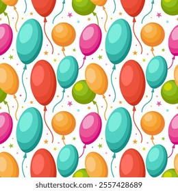 A repeating design featuring vibrant balloons that evoke a joyful and celebratory mood. This vector graphic is ideal for textiles, gift wrapping, and backgrounds for parties and special occasions.