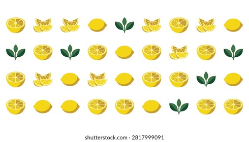 repeating design featuring vibrant yellow lemons sliced whole and wedges surrounded by green leaves on a white background