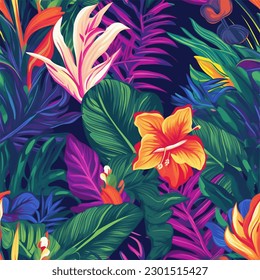 A Repeating Design of Lush Tropical Foliage and Flowers in Bold Seamless Pattern